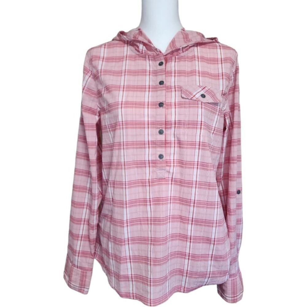 Prana Anja Button Up Hooded Popover Long Sleeve Pink Plaid Size M‎